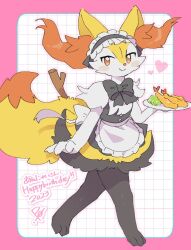 Rule 34 | 1girl, animal ear fluff, animal ears, animal feet, animal hands, animal nose, apron, artist name, back bow, black bow, black bowtie, black dress, black fur, body fur, border, bow, bowtie, braixen, buttons, closed mouth, clothed pokemon, creatures (company), dated, dress, english text, feet, female focus, flat chest, food, fox ears, fox girl, fox tail, frilled apron, frilled hairband, frills, full body, furry, furry female, game freak, gen 6 pokemon, hairband, hand up, happy, happy birthday, heart, highres, holding, holding food, holding plate, japanese text, legs, looking at viewer, maid, mixed-language text, multicolored fur, neck fur, nintendo, outline, outside border, pink border, pink outline, plate, po! (popoemo), pokemon, pokemon (creature), red eyes, short dress, signature, sleeveless, sleeveless dress, smile, solo, standing, stick, tail, tempura, translation request, waist apron, white apron, white background, white fur, yellow fur