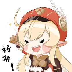 Rule 34 | 1girl, :d, absurdres, ahoge, arm up, backpack, bag, blonde hair, blush stickers, brown gloves, brown scarf, cabbie hat, chibi, clover print, coat, commentary request, genshin impact, gloves, hair between eyes, hat, hat feather, hat ornament, highres, klee (genshin impact), long hair, looking at viewer, low twintails, open mouth, pointy ears, raised fist, randoseru, red coat, red hat, scarf, sidelocks, simple background, smile, solo, thumbs up, translation request, transparent background, tu shan, twintails, white background