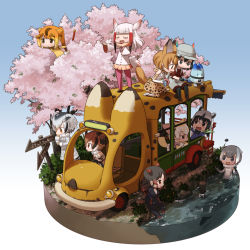 Rule 34 | 10s, 6+girls, angry, animal ears, bird, bird tail, bird wings, blue sky, blush, bush, cherry blossoms, common raccoon (kemono friends), driving, eurasian eagle owl (kemono friends), fennec (kemono friends), food, fox ears, fox tail, golden snub-nosed monkey (kemono friends), grass, head wings, hippopotamus, hippopotamus ears, hirai yukio, holding, holding staff, japanese crested ibis (kemono friends), japari bun, japari bus, juggling, kaban (kemono friends), kemono friends, lucky beast (kemono friends), monkey ears, multiple girls, music, nature, northern white-faced owl (kemono friends), open mouth, otter ears, outdoors, partially submerged, raccoon ears, river, serval (kemono friends), serval print, serval tail, signpost, singing, sky, small-clawed otter (kemono friends), smile, sparrow, staff, tail, tree, vehicle, watching, water, wings