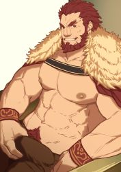 Rule 34 | 1boy, abs, absurdres, bara, bare pectorals, beard, brown pants, bulge, cape, crotch grab, erection, erection under clothes, facial hair, fate/zero, fate (series), fur-trimmed cape, fur trim, grin, highres, iskandar (fate), large pectorals, leather, looking at viewer, male focus, mature male, muscular, muscular male, navel, navel hair, nipples, pants, pectorals, red eyes, red hair, ryker, grabbing own breast, short hair, sitting, smile, solo, stomach