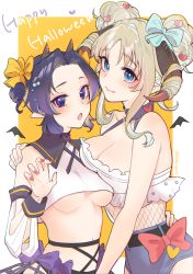 Rule 34 | 2girls, aqua nails, asymmetrical docking, bare shoulders, belt, black belt, blonde hair, blue eyes, blush, bow, breast press, breasts, carrot (robosquat), cleavage, clothing cutout, crop top, crossover, darling in the franxx, detached sleeves, fishnets, hair bow, hair intakes, hair ornament, hair ribbon, halloween, hands on another&#039;s shoulders, hayami saori, horns, kimetsu no yaiba, kochou shinobu, kokoro (darling in the franxx), large breasts, looking at viewer, multiple girls, nail polish, navel, navel cutout, open mouth, pointy ears, purple eyes, purple hair, red nails, ribbon, shirt, short hair, short shorts, shorts, simple background, skindentation, small breasts, standing, symmetrical docking, twintails, underboob, underwear, voice actor connection, white background, yellow ribbon