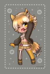 Rule 34 | 1girl, animal costume, animal ears, coyote (kemono friends), dark-skinned female, dark skin, gloves, highres, hikarikmy, kemono friends, kemono friends v project, looking at viewer, meme, necktie, one eye closed, open mouth, shirt, simple background, skirt, smile, solo, tail, virtual youtuber, wolf ears, wolf tail