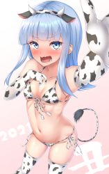 Rule 34 | 1girl, animal ears, animal print, arm up, armpits, bikini, blue eyes, blue hair, blunt bangs, breasts, cleavage, cow ears, cow print, cow print bikini, cow tail, elbow gloves, eyes visible through hair, gloves, hairband, hatsukaze (kancolle), horns, kantai collection, looking at viewer, navel, open mouth, piyobomu, print bikini, simple background, small breasts, solo, stomach, swimsuit, tail, thighhighs, thighs, underboob, white background