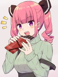 Rule 34 | 1girl, :d, black ribbon, black skirt, candy, chocolate, chocolate bar, commentary request, food, green sweater, grey background, hair ribbon, hands up, high-waist skirt, highres, holding, holding food, long hair, long sleeves, looking away, notice lines, open mouth, original, pink hair, purple eyes, ribbed sweater, ribbon, ringlets, simple background, skirt, sleeves past wrists, smile, solo, strap slip, sweater, tsunaso (lack of sunlight), turtleneck, turtleneck sweater, twintails, upper body, valentine
