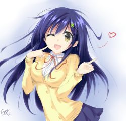 Rule 34 | 10s, 1girl, ;d, bad id, bad pixiv id, blue hair, blue skirt, brown eyes, cardigan, date a live, finger to mouth, genderswap, genderswap (mtf), hair ornament, heart, index finger raised, itsuka shiori, long hair, looking at viewer, one eye closed, open mouth, pleated skirt, qingchen (694757286), signature, skirt, smile, solo