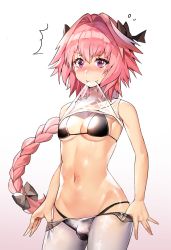 Rule 34 | 1girl, ^^^, astolfo (fate), bad id, bad pixiv id, bikini, black bikini, black bow, blush, bow, braid, breasts, closed mouth, fate/grand order, fate (series), futanari, gradient background, hair bow, highres, long hair, looking at viewer, male focus, navel, newhalf, pantyhose, pink background, pink hair, purple eyes, single braid, small breasts, solo, standing, suou-sensei, swimsuit, white pantyhose