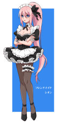 Rule 34 | 1girl, alternate costume, apron, black bow, black bustier, black footwear, black pantyhose, black ribbon, black skirt, blue background, blue eyes, border, bow, breasts, cleavage, closed mouth, collarbone, detached collar, enmaided, frilled apron, frills, hair between eyes, hair bow, high heels, high ponytail, kaoshu, layered skirt, long hair, maid, maid headdress, medium breasts, miniskirt, neck ribbon, outside border, pantyhose, pink hair, pleated skirt, pumps, ribbon, shionne (tales), short sleeves, skirt, solo, tales of (series), tales of arise, thigh strap, very long hair, waist apron, white apron, white border, wing collar