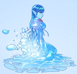 Rule 34 | 1girl, blue hair, blue skin, blue theme, colored skin, concept art, cryamore, earrings, from side, jellyfish, jewelry, kneeling, long hair, monster girl, necklace, no feet, official art, pointy ears, robaato, see-through, slime girl, solo, undina (cryamore), very long hair, water