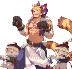 Rule 34 | 1boy, :d, abs, animal ear headwear, animal ears, animal hands, animal print, bandaged arm, bandages, bara, bare pectorals, bare shoulders, belt, blonde hair, breath of fire, breath of fire iv, cat print, character request, cray (breath of fire), creature, cropped jacket, fake animal ears, fang, feet out of frame, fur-trimmed jacket, fur trim, gradient fur, gundan, halloween costume, highres, jacket, large hands, large pectorals, looking at viewer, male focus, muscular, muscular male, navel, navel hair, nipples, open mouth, paw pose, pectorals, pelvic curtain, short hair, sideburns, smile, solo focus, standing, stomach, tail, thick eyebrows, tiger boy, tiger ears, tiger stripes, tiger tail, v-shaped eyebrows