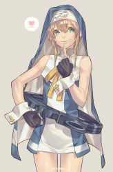 Rule 34 | 1boy, black gloves, blonde hair, bridget (guilty gear), character name, english text, finger to own chin, fingerless gloves, gloves, green eyes, guilty gear, guilty gear xx, hair between eyes, hand on own hip, highres, legs, long hair, looking at viewer, male focus, nun, open mouth, simple background, smile, speech bubble, standing, talgi, thigh gap, thighs, trap