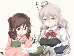 Rule 34 | 10s, 2girls, book, breasts, brown eyes, brown hair, drill hair, grey hair, harukaze (kancolle), japanese clothes, kantai collection, kimono, large breasts, long hair, meiji schoolgirl uniform, multiple girls, paper, pola (kancolle), red eyes, shigino sohuzi, spill, twin drills
