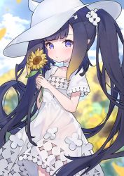 Rule 34 | 1girl, blue eyes, blush, breasts, choker, commentary, cp2980606, dress, field, flower, flower field, gradient hair, hat, highres, hololive, hololive english, long hair, looking at viewer, mole, mole under eye, multicolored hair, ninomae ina&#039;nis, orange hair, pointy ears, purple hair, see-through, see-through dress, sidelocks, small breasts, sun hat, sunflower, sunflower field, symbol-only commentary, twintails, very long hair, virtual youtuber, white choker, white dress, white hat