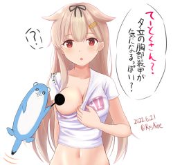 Rule 34 | 1girl, alternate costume, ame-san, black ribbon, blonde hair, breasts, censored, censored nipples, hair flaps, hair ornament, hair ribbon, hairclip, highres, kantai collection, long hair, medium breasts, navel, no bra, novelty censor, one breast out, red eyes, resolution mismatch, ribbon, shirt, short sleeves, solo, source larger, speech bubble, t-shirt, translation request, upper body, white shirt, yuudachi (kancolle), yuudachi kai ni (kancolle)