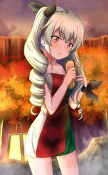 Rule 34 | 1girl, anchovy (girls und panzer), anzio (emblem), black ribbon, blurry, blurry background, brushing hair, brushing own hair, commentary, cowboy shot, drill hair, emblem, flag print, girls und panzer, green hair, hair down, hair ribbon, highres, holding, holding brush, italian flag, lantern, long hair, looking at viewer, naked towel, onsen, outdoors, parted lips, print towel, red eyes, redbaron, ribbon, rock, solo, standing, steam, towel, tree, twilight, twin drills, twintails, twitter username, wet
