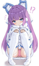 Rule 34 | !?, 1girl, absurdres, azur lane, blue eyes, blunt bangs, blush, boots, coat, commentary, hands on own knees, highres, irokari, long hair, long sleeves, looking at viewer, notice lines, panties, parted lips, pink panties, purple hair, sleeves past fingers, sleeves past wrists, solo, squatting, tashkent (azur lane), thigh boots, thighhighs, underwear, very long hair, white coat, white thighhighs