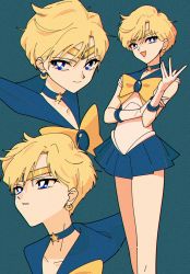 Rule 34 | absurdres, bishoujo senshi sailor moon, blonde hair, blue choker, blue eyes, blue sailor collar, blue skirt, bow, choker, closed mouth, earrings, gloves, highres, jewelry, magical girl, nzeneee, open mouth, sailor collar, sailor uranus, short hair, simple background, skirt, smile, variations, yellow bow