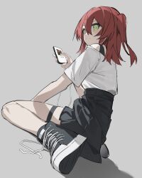 Rule 34 | 1girl, black footwear, black skirt, bocchi the rock!, cellphone, closed mouth, full body, green eyes, grey background, hair between eyes, highres, holding, holding phone, kita ikuyo, long hair, looking at viewer, one side up, phone, pleated skirt, qtian, red hair, shirt, shoes, short sleeves, simple background, sitting, skirt, smartphone, smile, sneakers, solo, thigh strap, wariza, white shirt