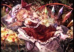 Rule 34 | 1girl, ascot, bad id, bad pixiv id, blonde hair, bug, butterfly, chain, clock, cuffs, curtains, dress, embodiment of scarlet devil, female focus, flandre scarlet, flower, insect, lying, on side, petals, pillow, plant, red eyes, rose, short hair, side ponytail, skirt, smile, solo, torino aqua, touhou, wings