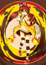 Rule 34 | 1girl, :d, backpack, bag, bell, brown eyes, brown hair, carton, coffee, coffee beans, drinking straw, hat, heart, highres, kamitsurugi ouka, leg up, long hair, mary janes, open mouth, original, puffy sleeves, randoseru, sailor collar, scrunchie, shoes, skirt, smile, solo, striped clothes, striped thighhighs, thighhighs, twintails, very long hair, yukico-tan, yukijirushi