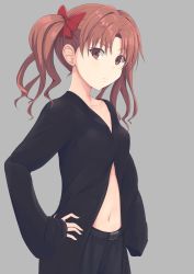 Rule 34 | 1girl, absurdres, belt, belt buckle, black belt, bow, brown eyes, brown hair, buckle, closed mouth, collarbone, frown, grey background, hair bow, hair intakes, hand on own hip, highres, k3rd, long hair, looking at viewer, midriff, navel, red bow, shirai kuroko, simple background, sleeves past wrists, solo, standing, stomach, toaru majutsu no index, twintails