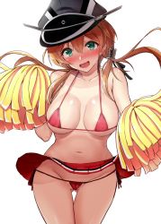 Rule 34 | 1girl, bare arms, bare legs, bare shoulders, bikini, blonde hair, blush, breasts, cheering, cheerleader, collarbone, cowboy shot, gin&#039;ichi (akacia), green eyes, groin, hair between eyes, holding, holding pom poms, kantai collection, large breasts, long hair, low twintails, navel, open mouth, pom pom (cheerleading), pom poms, prinz eugen (kancolle), red bikini, simple background, smile, solo, swimsuit, twintails, white background
