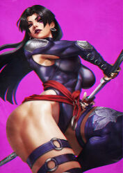 1girl abs absurdres armpit_cutout ass asymmetrical_legwear black_hair black_nails breasts clothing_cutout cowboy_shot drawing_sword earrings fingerless_gloves floating_hair from_below from_side gloves highres holding holding_sheath holding_sword holding_weapon hoop_earrings jewelry knee_up leotard long_hair marvel marvel_rivals medium_breasts monori_rogue psylocke purple_background purple_leotard sheath simple_background solo standing standing_on_one_leg sword thigh_strap toned toned_female turtleneck weapon