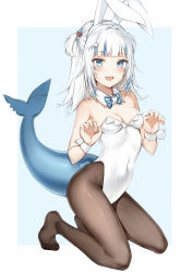 Rule 34 | 1girl, absurdres, animal ears, bare shoulders, blue eyes, bow, bowtie, breasts, brown pantyhose, covered navel, detached collar, fake animal ears, fins, fish tail, full body, gawr gura, hair ornament, hairband, highleg, highleg leotard, highres, hololive, hololive english, kneeling, leotard, long hair, looking at viewer, multicolored hair, no bra, no shoes, pantyhose, playboy bunny, rabbit ears, shark tail, small breasts, solo, strapless, strapless leotard, streaked hair, tail, tail raised, two side up, virtual youtuber, white hair, white leotard, wrist cuffs, yukineko1018