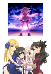 Rule 34 | 1girl, ;d, absurdres, bare hips, black hair, black ribbon, blonde hair, blue dress, blue eyes, boots, brown eyes, detached sleeves, dress, drill hair, fate/kaleid liner prisma illya, fate/stay night, fate (series), floating hair, full body, girl sandwich, gloves, grin, hair between eyes, hair ribbon, highres, holding, holding staff, hug, hug from behind, illyasviel von einzbern, layered skirt, long hair, looking at viewer, luviagelita edelfelt, magical girl, miyu edelfelt, one eye closed, open mouth, outdoors, pink footwear, pink hair, polkad to bow, red eyes, ribbon, sandwiched, silver hair, skirt, smile, solo, staff, standing, sunlight, thigh boots, thighhighs, tohsaka rin, twintails, upper body, white gloves, white skirt