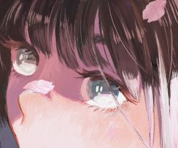 Rule 34 | 1girl, bad id, bad pixiv id, black hair, cherry blossoms, close-up, grey eyes, hanio3, highres, mouth out of frame, original, petals, portrait, shadow, solo