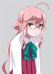 Rule 34 | 10s, 1girl, ahoge, bad id, bad pixiv id, blouse, double bun, dress, glasses, kantai collection, long hair, long sleeves, makigumo (kancolle), ojipon, open mouth, pink hair, school uniform, shaded face, shirt, simple background, sleeveless, sleeveless dress, slouching, solo, twintails, white shirt, yellow eyes