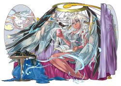 Rule 34 | 1girl, alternate costume, angel, angel wings, archangel metatron (p&amp;d), bad id, bad pixiv id, bare legs, bird, blue eyes, book, breasts, cleavage, cup, dark-skinned female, dark angel metatron (p&amp;d), dark skin, feathered wings, halo, holding, horus (p&amp;d), kei (keiclear), legs together, long hair, nightgown, pink ribbon, puzzle &amp; dragons, ribbon, simple background, sitting, smile, solo, star (symbol), table, wavy hair, white background, wings