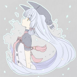 Rule 34 | 1girl, blunt bangs, breasts, closed mouth, cropped legs, dress, from side, fudeyama (fudeco), grey background, grey hair, hair ribbon, headgear, highres, kantai collection, long hair, murakumo (kancolle), murakumo kai ni (kancolle), necktie, pink necktie, profile, ribbon, short sleeves, simple background, small breasts, solo, tassel, tress ribbon, upper body, yellow eyes