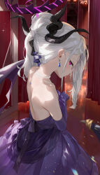 Rule 34 | 1girl, back, bare shoulders, blue archive, blush, breasts, dema hmw, dress, earrings, elbow gloves, evening gown, gloves, halo, highres, hina (blue archive), hina (dress) (blue archive), horns, jewelry, long hair, looking at viewer, looking back, necklace, official alternate costume, pearl necklace, ponytail, purple dress, purple eyes, purple gloves, small breasts, solo, white hair, wings