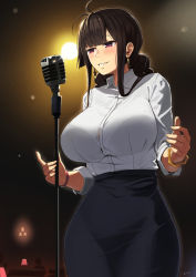 1girl, ahoge, bangs, black pants, blush, bracelet, breasts, brown hair, collared shirt, dsr-50 (girls frontline), earrings, girls frontline, high-waist pants, highres, jewelry, kion-kun, lamp, large breasts, long hair, microphone, microphone stand, pants, parted lips, red eyes, shirt, shirt tucked in, solo, standing, white shirt