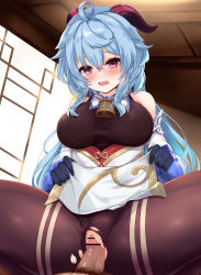 Rule 34 | 1boy, 1girl, absurdres, ahoge, bad id, bad pixiv id, bar censor, bare shoulders, bell, black leotard, blue gloves, blue hair, blush, bodystocking, bodysuit, breasts, brown pantyhose, censored, clothed sex, clothes lift, clothing aside, detached sleeves, ganyu (genshin impact), genshin impact, gloves, gold trim, hetero, highres, horns, indoors, konsune (tengerium), leotard, leotard aside, leotard under clothes, lifting own clothes, long hair, looking at viewer, medium breasts, neck bell, nose blush, open mouth, pantyhose, pelvic curtain, pelvic curtain lift, penis, pubic hair, purple eyes, pussy, sidelocks, spread legs, thighlet, torn clothes, torn legwear, white sleeves, window