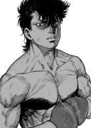 Rule 34 | 1boy, boxing gloves, character request, collarbone, greyscale, hajime no ippo, hatching (texture), highres, kimidake, looking at viewer, male focus, monochrome, muscular, muscular male, parted lips, serious, simple background, solo, sweat, teeth, topless male, upper body, veins, white background