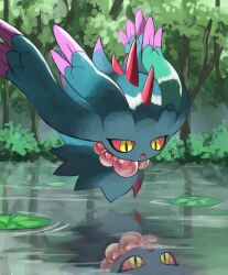 Rule 34 | absurdres, colored sclera, commentary request, creatures (company), day, floating, flutter mane, game freak, highres, jira (ziraiya26), lily pad, looking down, nintendo, outdoors, pink sclera, pokemon, reflection, spikes, tree, water, yellow eyes