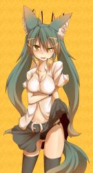 Rule 34 | 1girl, :d, animal ear fluff, animal ears, belt, black panties, black thighhighs, blush, breasts, cleavage, clothes lift, green eyes, green hair, kuromiya, kuromiya raika (kuromiya), long hair, matching hair/eyes, open mouth, original, panties, shirt, skirt, skirt lift, smile, solo, tail, thighhighs, twintails, underwear, upskirt, yellow background
