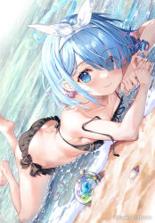 Rule 34 | 1girl, arona (blue archive), ass, bare legs, bare shoulders, barefoot, beach, bikini, black bikini, blue archive, blue eyes, blue halo, blush, bow hairband, colored inner hair, day, frilled bikini, frills, fujima takuya, full body, hair ornament, hair over one eye, hairband, halo, highres, holding, looking at viewer, lying, multicolored hair, ocean, official alternate costume, on stomach, outdoors, sand, short hair, smile, solo, swimsuit, water, white hairband