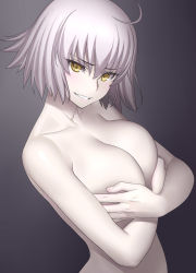 Rule 34 | 1girl, ahoge, breasts, commentary request, covering privates, covering breasts, fate/grand order, fate (series), highres, jeanne d&#039;arc (fate), jeanne d&#039;arc alter (avenger) (fate), jeanne d&#039;arc alter (fate), large breasts, minazuki juuzou, short hair, silver hair, simple background, solo, yellow eyes