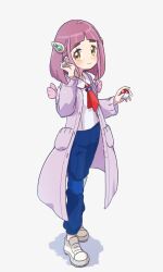 Rule 34 | 1girl, blue pants, blunt bangs, blush, closed mouth, coat, collared shirt, commentary request, creatures (company), eyelashes, full body, game freak, hair ornament, hairclip, highres, hiisu (s-1104-d), holding, holding poke ball, lacey (pokemon), long hair, necktie, nintendo, open clothes, open coat, pants, poke ball, poke ball (basic), pokemon, pokemon sv, purple coat, shirt, shoes, short necktie, smile, solo, standing, white background, white shirt, yellow eyes