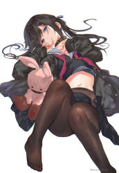 Rule 34 | 1girl, black coat, black hair, black shirt, black skirt, blue eyes, brown pantyhose, buttons, coat, collar, commentary request, feet, fine fabric emphasis, gusset, hair ribbon, hanekoto, head tilt, highres, knees up, long hair, long sleeves, looking at viewer, lying, midriff, miniskirt, navel, neckerchief, no shoes, on back, open clothes, open coat, original, pantyhose, parted lips, pleated skirt, red neckwear, ribbon, sailor collar, school uniform, shirt, sidelocks, simple background, skirt, solo, stuffed animal, stuffed rabbit, stuffed toy, twintails, twitter username, undone neckerchief, white background