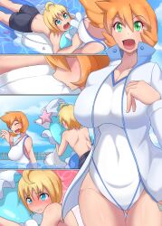 Rule 34 | ..., 1boy, 1girl, :d, absurdres, age difference, asymmetrical hair, blonde hair, blue eyes, blush, breasts, cleavage, closed mouth, comic, competition swimsuit, covered navel, cowboy shot, creatures (company), eyebrows, eyelashes, flipped hair, game freak, gen 1 pokemon, gen 2 pokemon, gen 7 pokemon, green eyes, gym leader, hair between eyes, hetero, highleg, highleg swimsuit, highres, honotomo7, jacket, large breasts, legs, long sleeves, looking at viewer, misty (pokemon), multiple girls, multiple views, navel, nintendo, nipples, one-piece swimsuit, open clothes, open jacket, open mouth, orange hair, pokemon, pokemon gsc, pokemon hgss, ponytail, primarina, shirt, short hair, shorts, side ponytail, smile, standing, swimsuit, thick thighs, thighs, water, water float, white jacket, white one-piece swimsuit