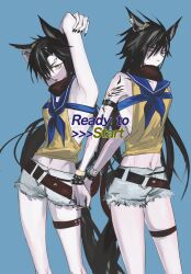 Rule 34 | 1girl, absurdres, air shakur (umamusume), animal ears, arm strap, arm tattoo, armpits, arms up, bare shoulders, black hair, black nails, blue background, blue neckerchief, blue sailor collar, bracelet, closed mouth, commentary request, cowboy shot, cutoffs, ear ornament, ear piercing, eyebrow piercing, flat chest, highres, horse ears, horse girl, jewelry, long hair, looking at viewer, multiple views, navel, neckerchief, no jacket, piercing, sailor collar, shorts, simple background, solo, tattoo, thigh strap, tomboy, umamusume, very long hair, white shorts, y (coe239), yellow eyes
