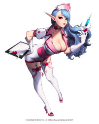 Rule 34 | 1girl, alternate costume, bent over, blue hair, breasts, chaos online, choker, cleavage, company name, copyright name, dated, female focus, full body, garter straps, gloves, hat, high heels, highres, large breasts, lips, long hair, looking at viewer, love cacao, nurse, nurse cap, official art, parted lips, pointy ears, red eyes, reiden, simple background, solo, syringe, thighhighs, watermark, white background, white thighhighs