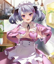 Rule 34 | 1girl, alternate costume, aoi hinamori, apron, breasts, cafe, donggua bing cha, dress, enmaided, facial mark, grey hair, hair ornament, heart, heart-shaped boob challenge, heart hands, highres, indie virtual youtuber, indoors, large breasts, light bulb, long hair, long sleeves, looking at viewer, maid, maid apron, maid headdress, mole, mole on breast, open mouth, pink dress, purple eyes, smile, solo, virtual youtuber, x hair ornament