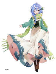 Rule 34 | 1girl, absurdres, ahoge, blue hair, boots, braid, brown footwear, corset, dress, fingernails, flower, fur-trimmed boots, fur trim, green scarf, hair between eyes, hair flower, hair ornament, hairclip, hakasesuitchi, highres, long hair, multicolored hair, open mouth, phantom of the kill, purple eyes, scarf, simple background, sleeves past wrists, solo, teeth, tongue, upper teeth only, white background, white flower, white hair