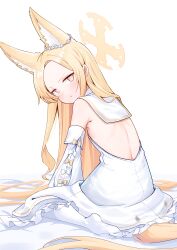 Rule 34 | 1girl, absurdres, animal ear fluff, animal ears, bare shoulders, blonde hair, blue archive, blush, closed mouth, detached sleeves, dress, extra ears, fox ears, halo, highres, long hair, looking at viewer, olecafe2, pantyhose, seia (blue archive), simple background, solo, white background, white dress, white pantyhose, white sleeves, yellow eyes, yellow halo
