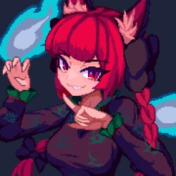 Rule 34 | 1girl, animal ear fluff, animal ears, black background, black bow, bow, braid, breasts, brodall pixel, cat ears, commentary, hair bow, hitodama, index finger raised, kaenbyou rin, long hair, long sleeves, looking at viewer, medium breasts, pixel art, red eyes, side braids, simple background, smile, solo, touhou, twin braids, upper body