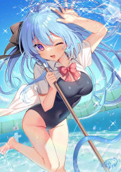Rule 34 | 1girl, ;d, absurdres, arm up, bare legs, barefoot, black one-piece swimsuit, blue hair, blue sky, blush, bow, breasts, chain-link fence, cleavage, cloud, collared shirt, commentary request, covered navel, day, dress shirt, fence, groin, hair between eyes, highres, long hair, looking at viewer, medium breasts, natsuki marina, one-piece swimsuit, one eye closed, open clothes, open mouth, open shirt, original, outdoors, purple eyes, red bow, shirt, short sleeves, signature, sky, smile, solo, splashing, standing, standing on one leg, swimsuit, swimsuit under clothes, very long hair, water, white shirt
